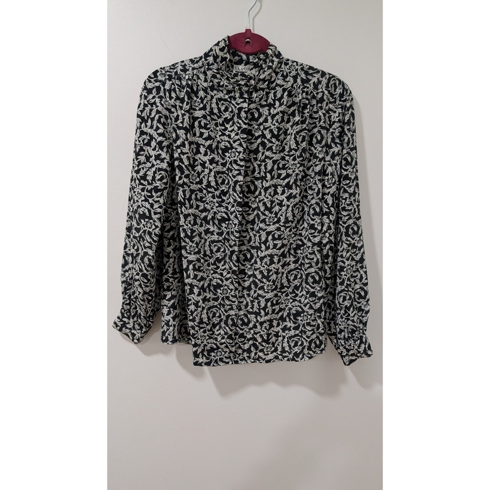 Vintage SK & Company Black White Floral High Neck Blouse Shoulder Pads L Size 10